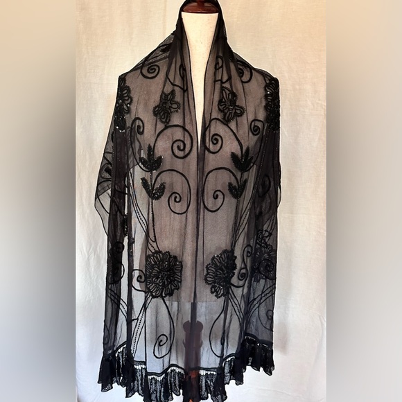 Beaded and Embroidered Black Lace Scarf/Shawl - Picture 1 of 16